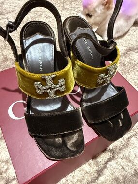 Tory Burch Olive Velvet and Black Velvet Crystal Logo Slingback Heels